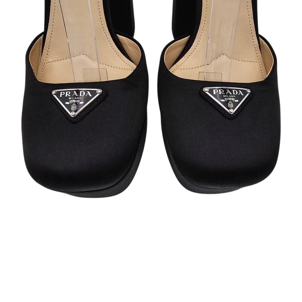 Prada Black Satin Platform Block Heel Pump Logo Ankle Strap Silver Size 39.5 9.5 - Picture 4 of 12